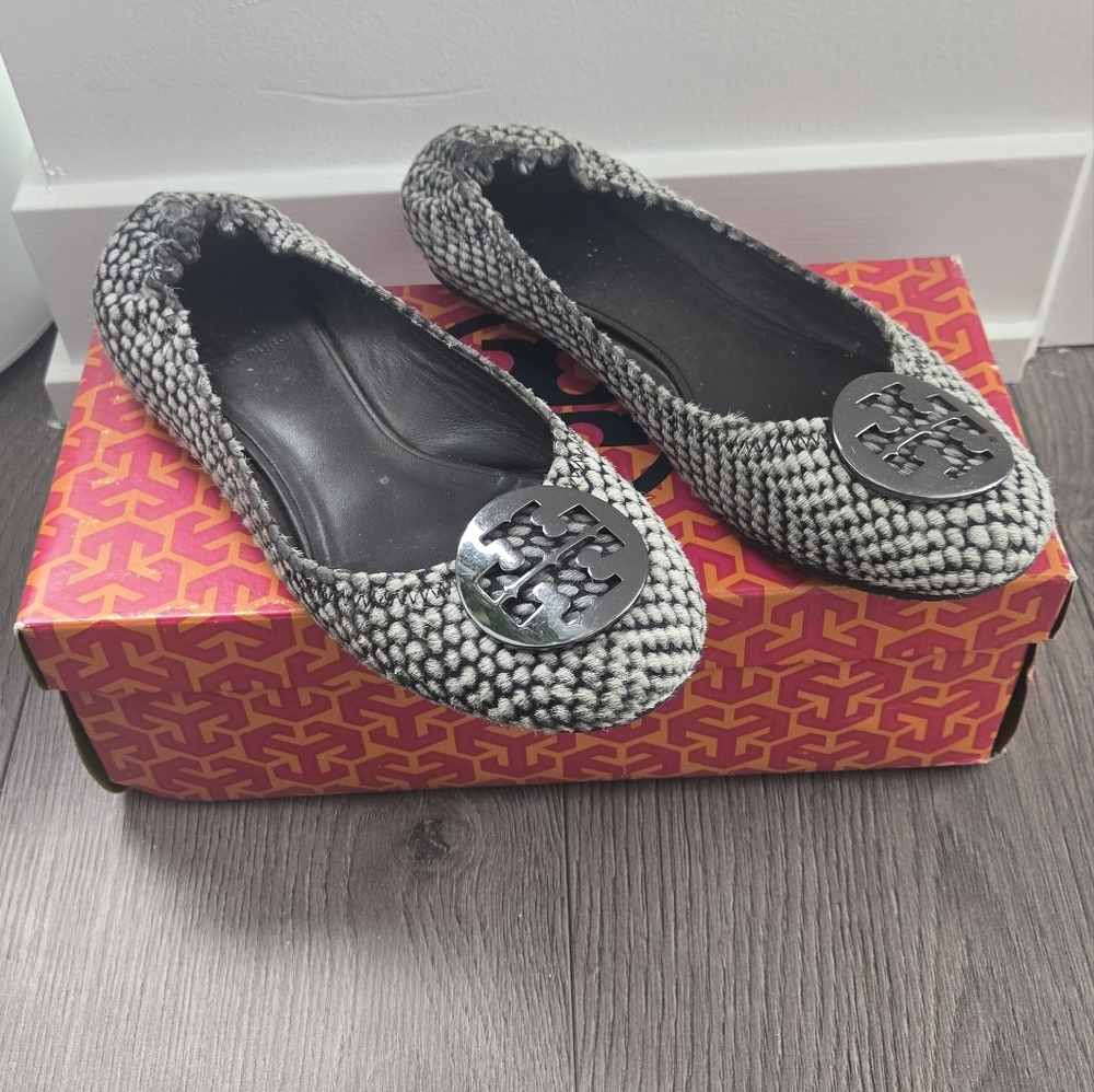 Tory Burch Black and Gray Herringbone Flats